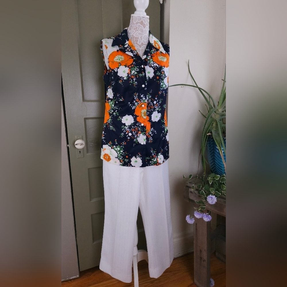 Plaza Square Vintage 60s Sleeveless Top And Pants Set Navy Floral Medium